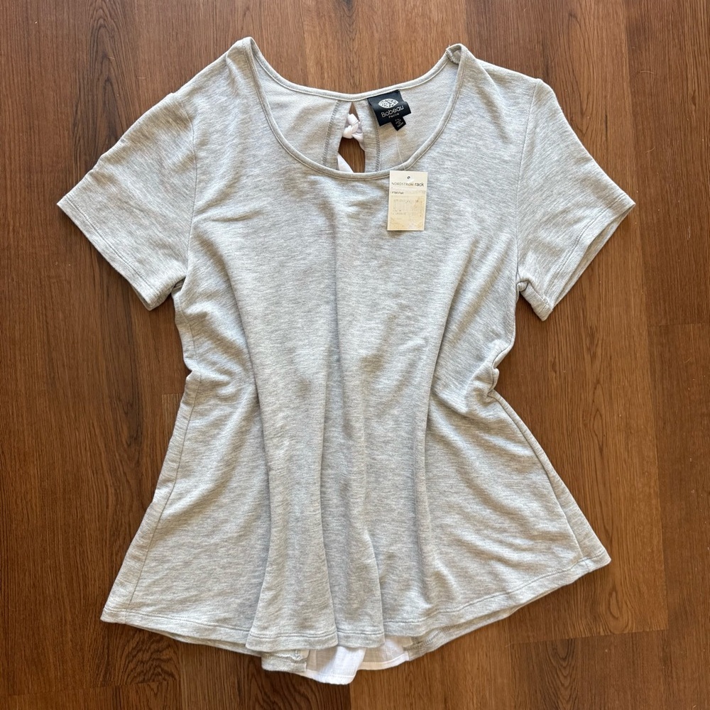 Womens Bobeau Grey White Short Sleeve Back Tie Top Size PL NWT